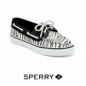 Sperry Sequin Animal Print Boat Shoes Size6 Patent Leather Lace up Black White